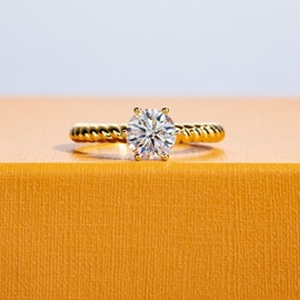 Moissanite Engagement Ring D Color VVS1 Clarity Round Brilliant Cut S925 Sterling Silver 1CT Twisted Rope Solitaire Promise Anniversary Ring Christmas Gift for Women with Certificate, Yellow Gold Color(5)