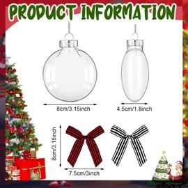 36Pcs Christmas Ornaments Plastic Discs Include 18Pcs 3.15 Inch Clear fillable Ornaments Balls with Silver Cap and 18Pcs Black White Red Buffalo Plaid Bows for Craft DIY Christmas Tree Wreath Decoration