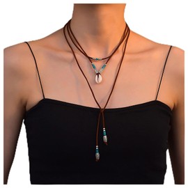 2Pcs Leather Choker Necklace Bohemian Turquoise Shell Necklace Chain PU Rope Beads Jewelry for Women Girls