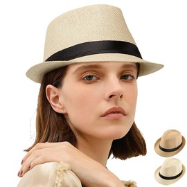 Ligouritan 2 PACK Straw Fedora Hat for Men and Women, Summer Beach, Trilby Sun Panama Hat. (Paper, Beige/Khaki), Medium-Large