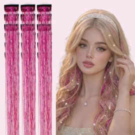 Plenday Hot Pink Hair Tinsel Clip in,18 Pcs 24 Inch Heat Resistant Colorful Fairy Hair Tinsel for Girls Women Teen,Glitter Clip in Hair Extensions Hair Accessories for Festival Party (18pcs)