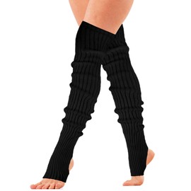 Joyingtwo Women Long Knitted Stirrup Leg Warmers Over Knee High Neon Ribbed Leg Warmers for 80s Party Dance Sports Black