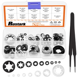 Rustark 208Pcs M2-M12 9 Sizes Internal Tooth Star Lock Washers Assortment Kit, 304 Stainless Steel Quick Speed Locking Washers and Black Oxide Finish Push On Speed Washers Push on Locking Washer