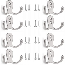 yenlk 8 PCS Double Prong Robe Hooks, Dual Coat Door Hooks with 16 PCS Screws, Chrome Wall Mounted Hooks for Hanging Hat Tie Clothes Towel Metal Retro Cloth Hanger Silver for Bedroom Bathroom Kitchen