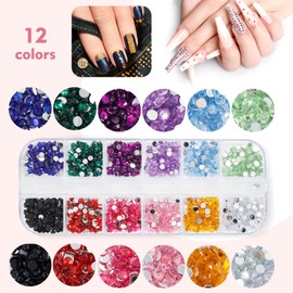 AiQInu 4200 Pieces Rhinestones for Nails, Crystal Rhinestones, Rhinestones Set, Glitter Stones Face, with Tweezers and Pen (4 Different Sizes, 12 Colours)