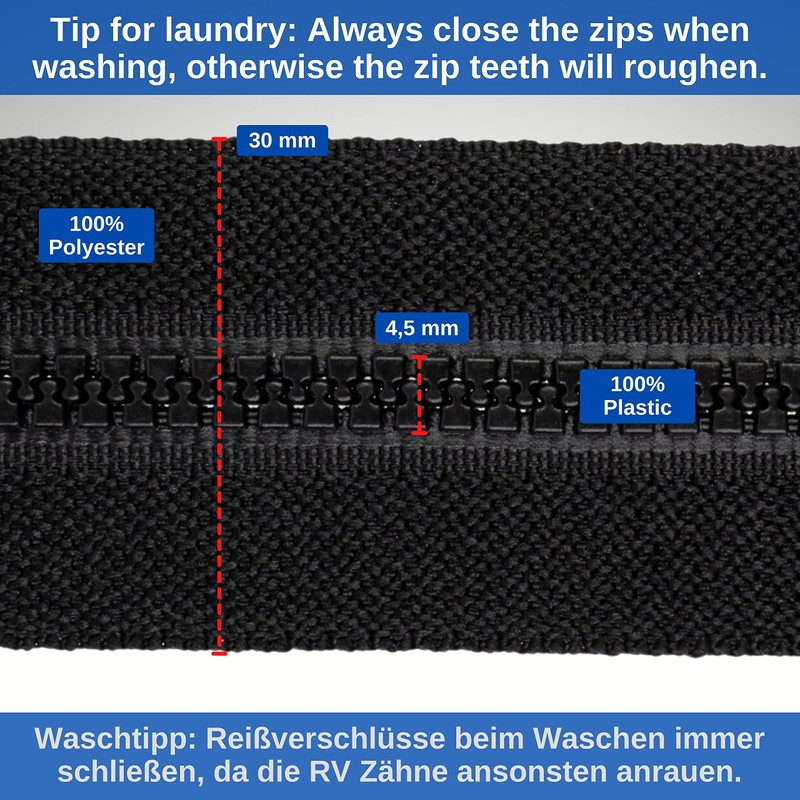 Non-separable zip, pack of 2, 45 cm rail length, in