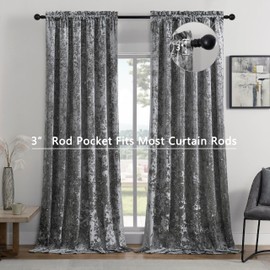 SNITIE Grey Crushed Velvet Curtains with Rod Pocket Luxurious Thermal Insulation Soundproofing and Light Filtering Window Treatments for Living Room Bedroom Office, 2 Panels Set 52" W x 96" L