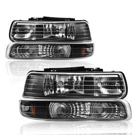 LQI Front Headlight Assembly+ Bumper Lights Lamps 4pcs Compatible with Chevy Silverado 1999-2002/ Compatible with Chevy Suburban 2000-2006 Clear lens Black Housing Amber Reflector