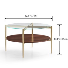 Saint Mossi BLEVIO Glass Round Coffee Table, Middle-Century Modern Style, Perfect for Living Room, Clear Glass Top & Walnut Brown MDF Wood Top, with Gold Finish Legs & Frame