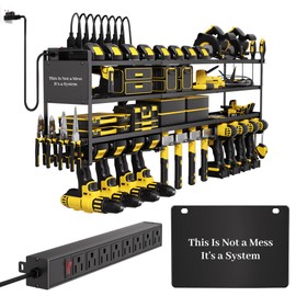 YFFSRJDJ Power Tool Organizer Wall Mount with Charging Station & This Is Not a Mess, It is a System Plate 12 Drill Holders 4-Tier Heavy Duty Drill Rack and 8-Outlet Power Strip, Garage Gift for Men