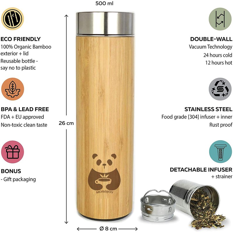 Mosajoy Tea Bottle Bamboo Tumbler with Infuser BPA Free Double