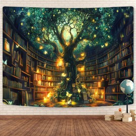 Fantasy Library Tapestry, Fairytale Tree Magic Bookshelf Aesthetic Tapestries for Classroom, Witchy Fairy Tree Mysterious Vintage Bookshelf Book Art Tapestry Wall Hanging College Room Bedroom, 80"X60"