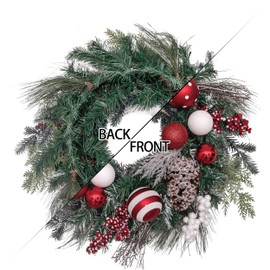 Valery Madelyn Pre-Lit 24 inch Traditional Red White Lighted Christmas Wreath for Front Door with Ball Ornaments, Battery Operated 20 LED Lights, Holiday Decoration for Fireplace Xmas Decor