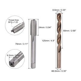 sourcing map M10 x 1.25 Straight Flute Thread Tap and 8.8mm Twist Drill Bit Set, Metric M35 Cobalt High Speed Steel Machine Threading Tap Drilling Tool for Stainless Steel
