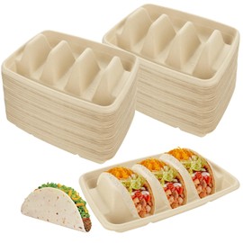 JMIATRY 100PCS Disposable Taco Holder Disposable Taco Plates with 3 Dividers Pulp Fiber Paper Tacos Holders Tacoes Plate Disposables - Great for Tacos Tuesday Party