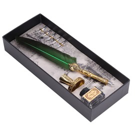 Quill And Ink Set, Stainless Nib Soft Feather Vintage Elegant Feather Pen And Ink Set Calligraphy Pen Set For Beginners Smoothly Writing Wear Resistance Quill Pen for Home(green)