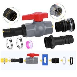 Jiavlyx Ball Valve with Hose Connector, PVC Stop Valve, 1 1/4 Inch (32 mm) Pool Ball Valve, Shut-off Valve Female Thread, with Internal Thread 40 mm and Hose Nozzles 32 mm, for Pool and Pond