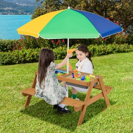 SPORFIT Kids Picnic Table, 4 in 1 Convertible Sand & Water Table with 2 Removable Trays, Height Adjustable Umbrella, Kids Outdoor Table and Benches Set for Backyard, Garden, Playtime (Colorful)