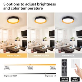 12 Inch LED Flush Mount Ceiling Light with Remote, 18W Flush Mount Light Fixture in Balck and Wood Finish, Dimmable Ceiling Light for Bedroom, Hallway, Entryway, Bathroom, Kitchen