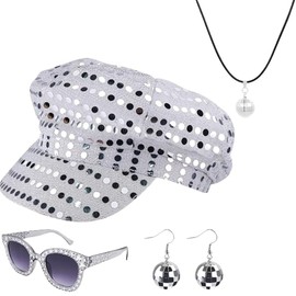 SDXCJY 4Pcs 70s Sequin Hat Silver Disco Hat for Adult Abba Accessories Women with Sequined Necklace Square Bling Sunglasses Disco Costume Set for Women Theme Party Birthday Dance. (silver)