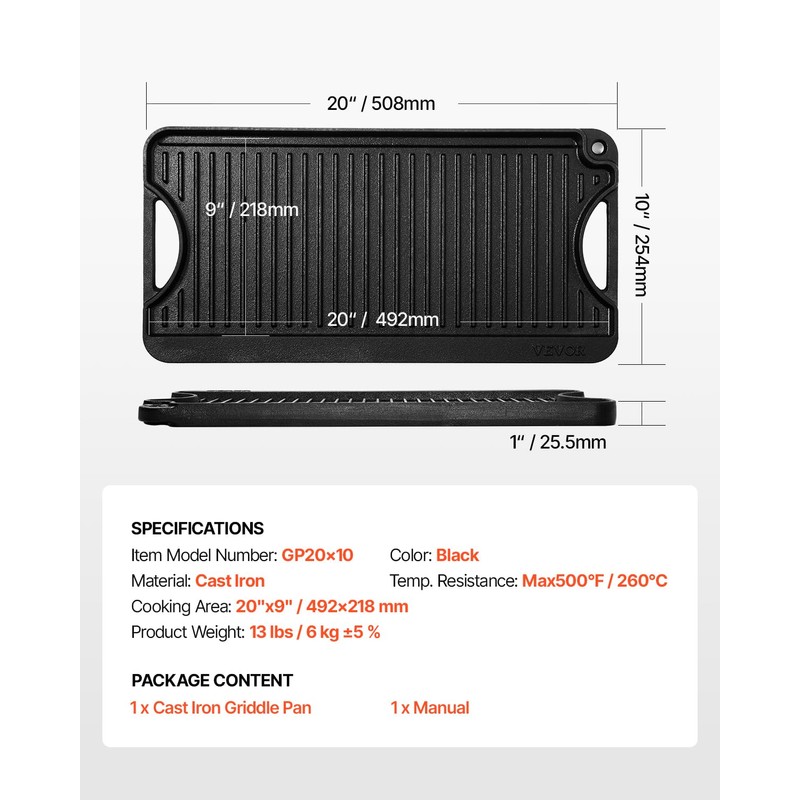 VEVOR Reversible Grill/Griddle, 20x10 inch Pre-Seasoned Cast Iron Griddle, Portable