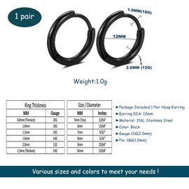 Black Hoop Earrings for Men 8mm 10mm 12mm – Surgical Stainless Steel Hypoallergenic Mens Small to Medium Hoop Earrings Set (3 Pairs)