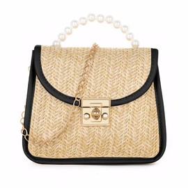 TOFBS Beach Bag Women's Straw Bags Summer Shoulder Bag Straw Evening Handbag Boho Style with Chain Clutch for Beach Holiday Travel Wedding Bag, black