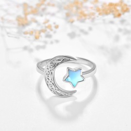 KINGWHYTE Moonstone Ring 925 Sterling Silver Celtic Rings for Women Moon Star Adjustable Ring Jewellery Birthday Gifts for Women Girls Ladies Mom Sister
