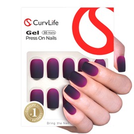 Curvlife Press on Nails Short Square Acrylic Fake Nails with Design Full Cover False Nails Reusable Nail Kit with Glue on Nails (Frosted Purple, 30pcs)