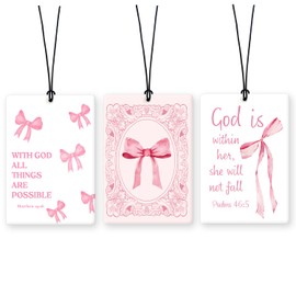 Lacama Pink Bow Christian Car Air Freshener 3Pcs, Coquette Bow Bible Verse Girly Cars Scents Air Freshener for Women Girls Gifts, Pink Preppy Car Accessories Interior Mirror Decor Hanging