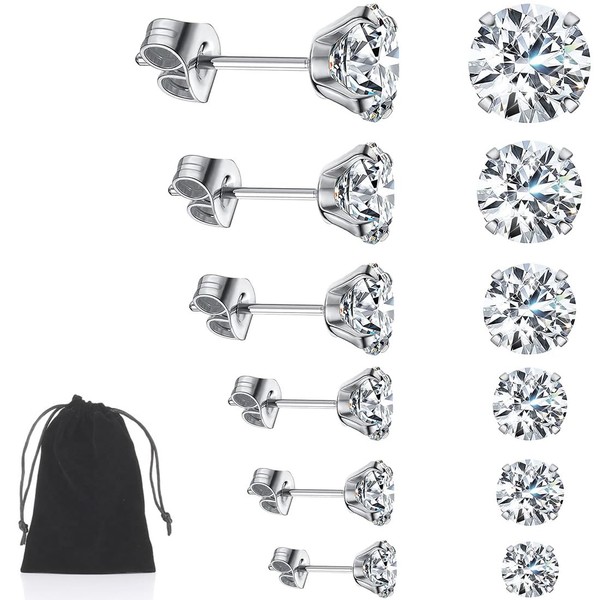6 Pairs Stainless Steel Clear Cubic Zirconia Earrings Set, 3