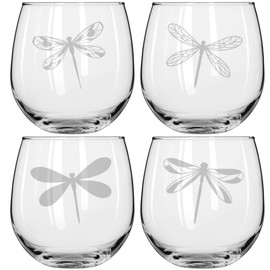 MIP Set of 4 Wine Glass for Red or White Wine Gift Dragonfly Collection (16 oz Stemless)
