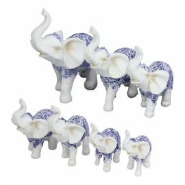 Blue White Feng Shui Miniature Thai Buddhism Elephants With Trunks Up Set of 7