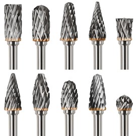 Carbide Burrs with Double Cut, 10 Pieces Carbide Cutter Set with 3 mm Shank, Rotary Tool Accessories for Grinding, Carving, Metal Polishing, Engraving and Drilling