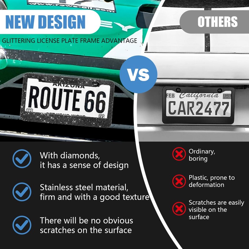 Black Bling License Plate Frames for Women, 2 Pack Stainless