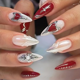 Rchovsam Medium Almond Press on Nails Valentines Red Nails Press Ons 3D Effect Red Heart Designs Fake Nails Acrylic Full Cover Gel False Nails Gift for Women 24pcs