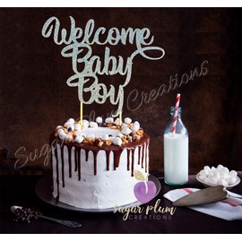 Decoración para tarta con purpurina azul de Welcome Baby Boy
