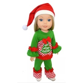 My Brittany Design WW Holiday, Christmas Tree Pant Set & Santa Hat for Wellie Wisher Dolls