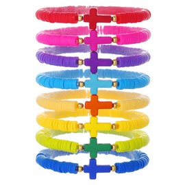 Behrooci Friendship Bracelets Boho Stackable Bracelets for Women Surfer Heishi Clay Bead Stretch Preppy Colorful Bracelets for Women (Colorful Cross)