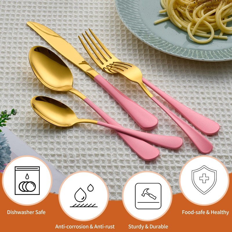 Lekoton 20 Piece Gold and Pink 18/0 Flatware Utensil Set