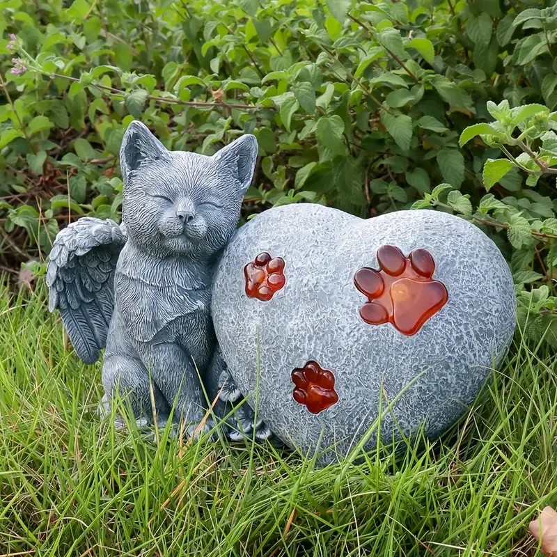 Elegant Garden, Solar Powered Angel Cat Resin Sculpture with Glowing