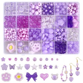 SOFPLATE 1 Box 529Pcs Assorted Acrylic Beads Purple Assorted Beads Butterfly Heart Flower Stars Bear Cute Aesthetic Beads Bulk for Jewellery Making Supplies DIY Bracelets Necklaces Crafts Phone Charm