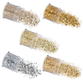 YFFSFDC Glitter Hologram Set of 5 Colors, Glitter, Nail Art, Container Included, Glitter, Glitter Powder, Nail Powder, Face Decoration, Hair Decoration, New Year, Christmas, Makeup Supplies, Gold