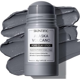 SKINTIFIC Mascarilla en Barra de Arcilla Volcánica – Limpieza Profunda de Poros, Elimina Puntos Negros, Arcilla Natural de Alaska con Ácido Glicólico, Cremosa y No Reseca, Para Todo Tipo de Piel, 40g