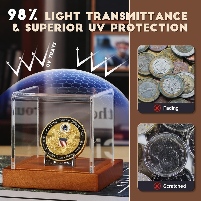 JupDec Coin Display Case, Clear Acrylic Showcase with Wood Base