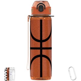 MYFOREST 32oz/1L Water Bottle, Durable Tritan, Leak-Proof, Dishwasher-Safe, BPA-Free, Drop-Resistant, Gulp Lid/Straw, Hand Loop, Carabiner for Hiking (Basketball, 32.5 Ounces)