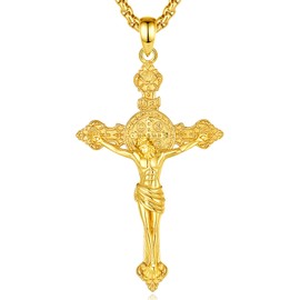 INFUSEU St Benedict Crucifix Gold Cross Necklace Men Women Jesus Pendant Religious Gifts Catholic Christian Jewelry Birthday Saint Benedict Medal for Protection Sterling Silver Crucifixes Piece