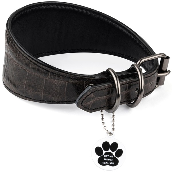 FAVPET Luxury Genuine Leather Greyhound Collar Wide with QR Code