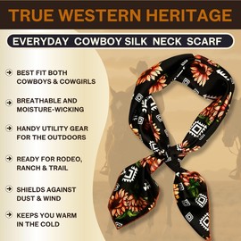 Wild Rag Silk Scarf 36'', Western Cowboy Bandana Square Silky Wild Rags,Black Sun Flower Aztec Tribal Scarves for Men & Women