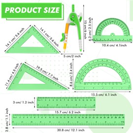 Zonon 1 Set Plastic Geometry Math Set 7 Pcs Includes Drawing Compass, 6 and 4 Inch Protractor, 45/60 Degree Triangle Rulers 12 and 6 Inch Math Ruler Transparent for Office Supplies (Green)
